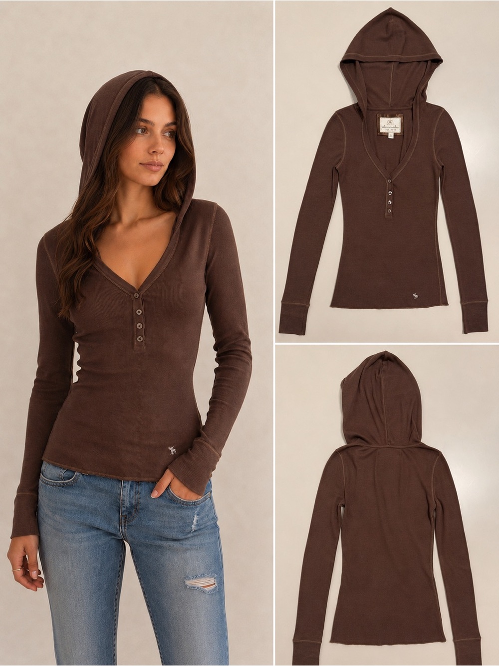 Y2K Vintage Abercrombie & Fitch Brown Ribbed Henley Hoodie Top XL (Fits S/M)